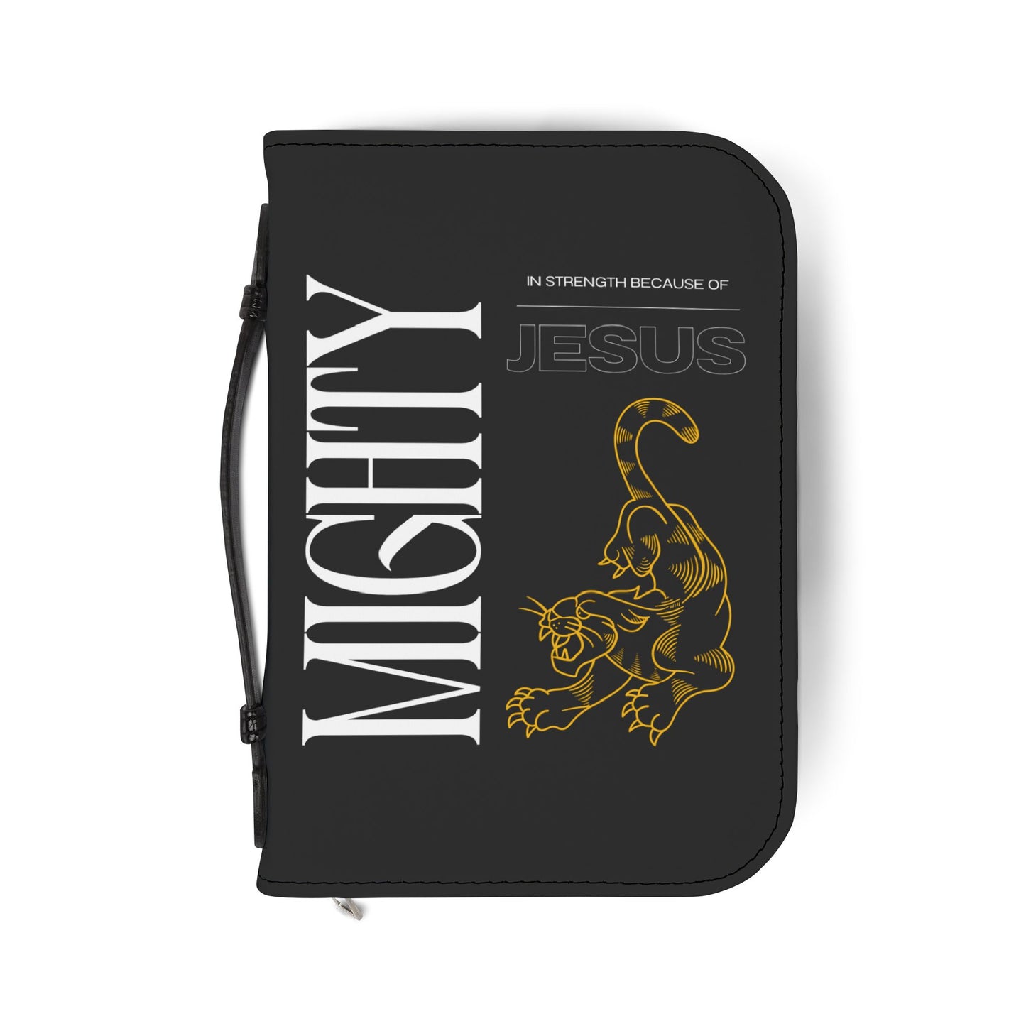 Bible Cover — Black "Mighty in strength because of Jesus" Zippered Bible Case