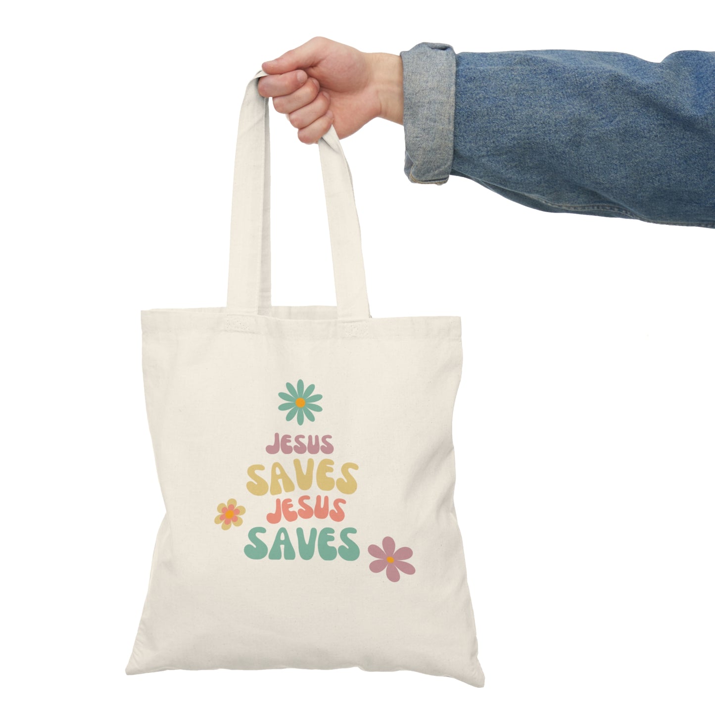 Natural Tote Bag- Jesus Saves Pattern