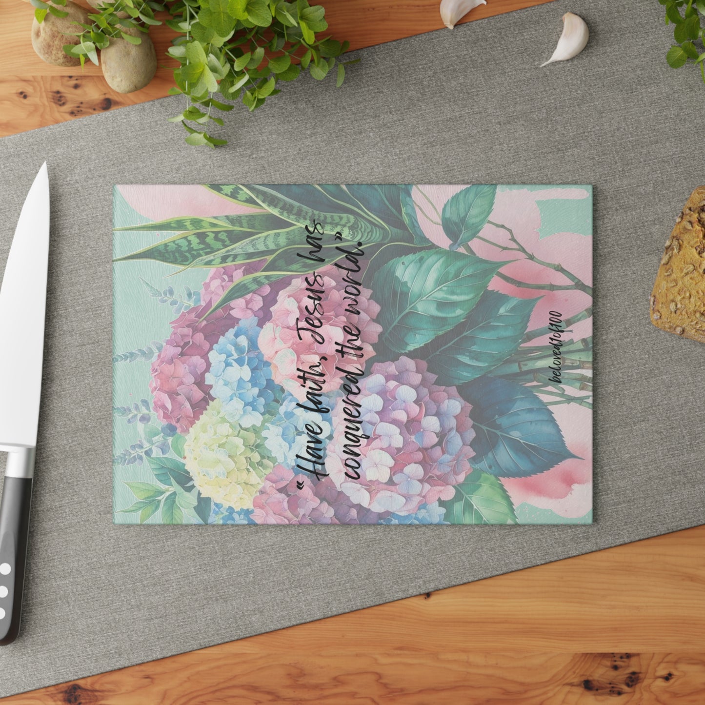 Glass Cutting Board - Hydrangea Snake Plant Pattern