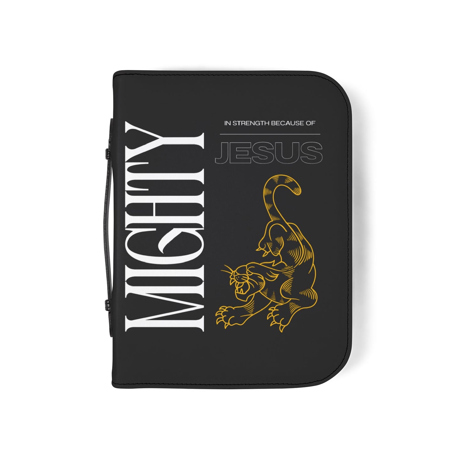Bible Cover — Black "Mighty in strength because of Jesus" Zippered Bible Case
