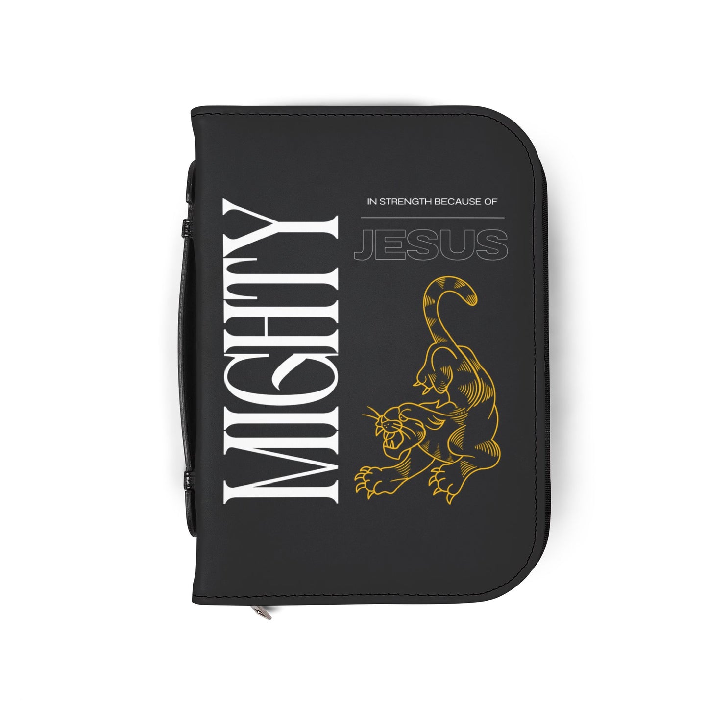 Bible Cover — Black "Mighty in strength because of Jesus" Zippered Bible Case