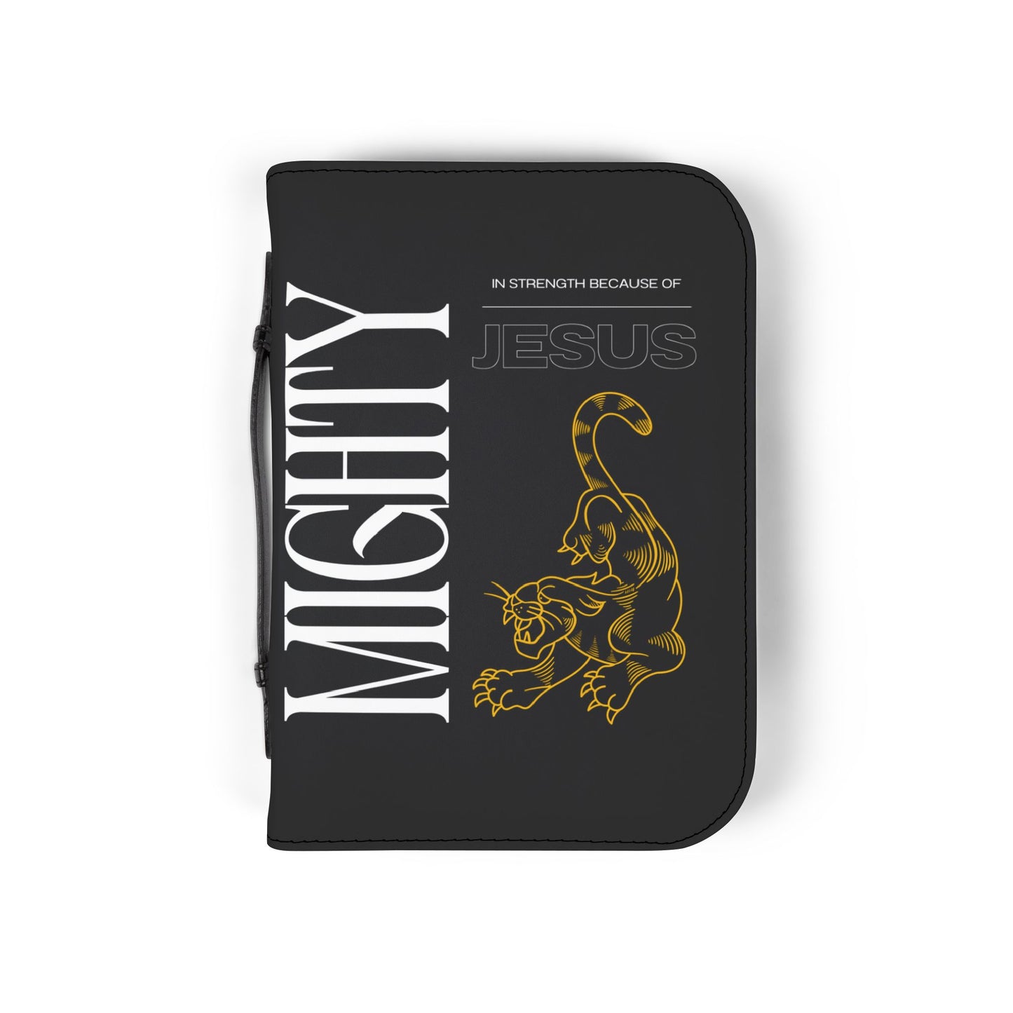 Bible Cover — Black "Mighty in strength because of Jesus" Zippered Bible Case